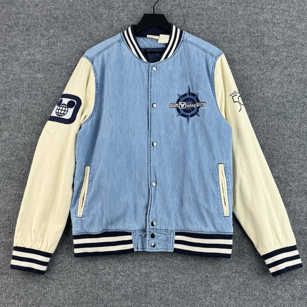 Disney Varsity Jacket Adult M Blue Walt Disney World 50th Mickey Mouse Denim